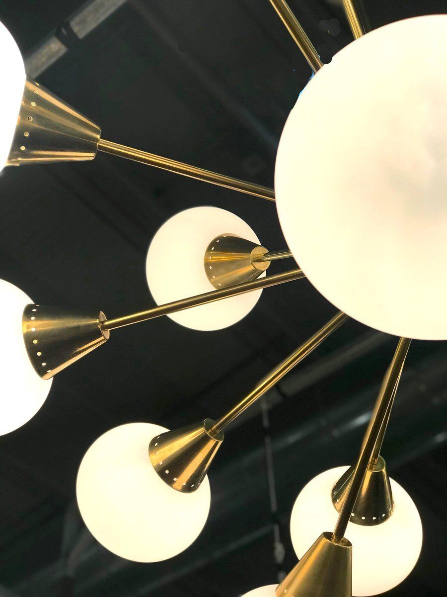 Large Mid Century Brass, Opaline & Murano Glass Sputnik Chandelier photo Lighting