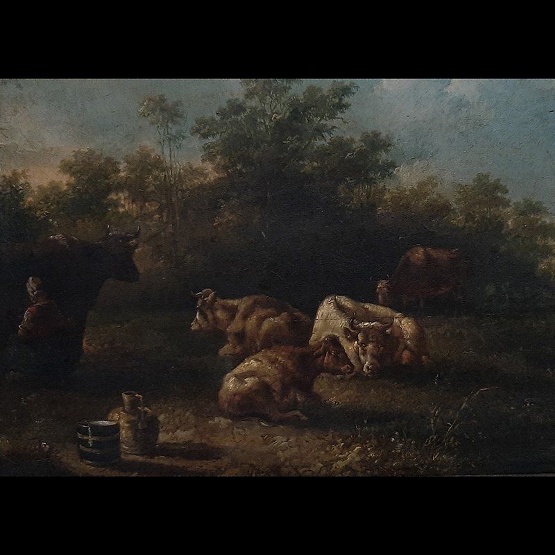 Dutch School Artist, Landscape With Characters And Herds, 1700s, Oil On Board photo Art