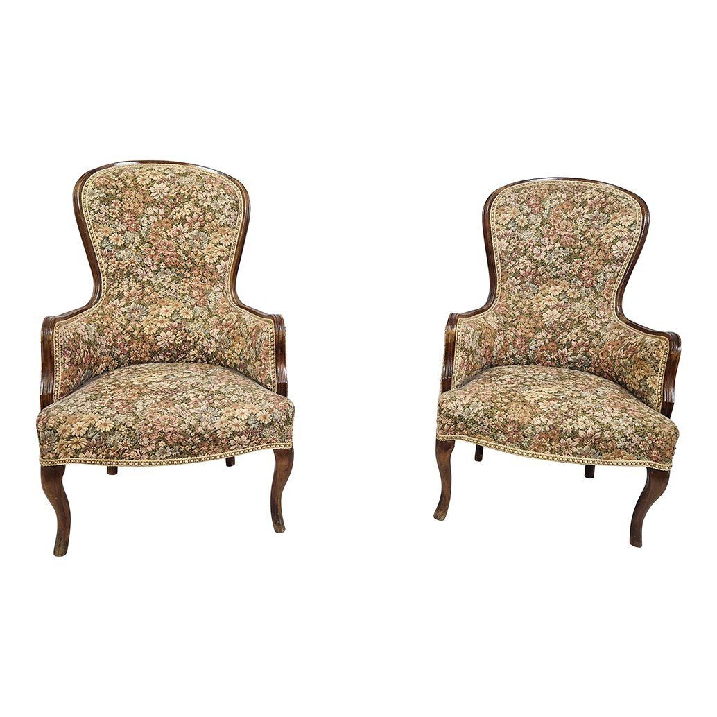 Set Of Wooden Armchairs With Floral Fabric