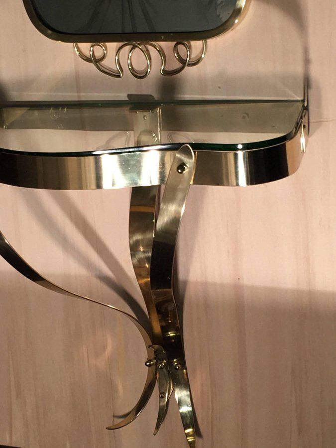 Brass Mirror With Small Console Table In The Style Of Gio Ponti, 1950s, Set Of 2 photo buy