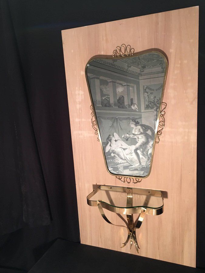 Brass Mirror With Small Console Table In The Style Of Gio Ponti, 1950s, Set Of 2 photo vintage