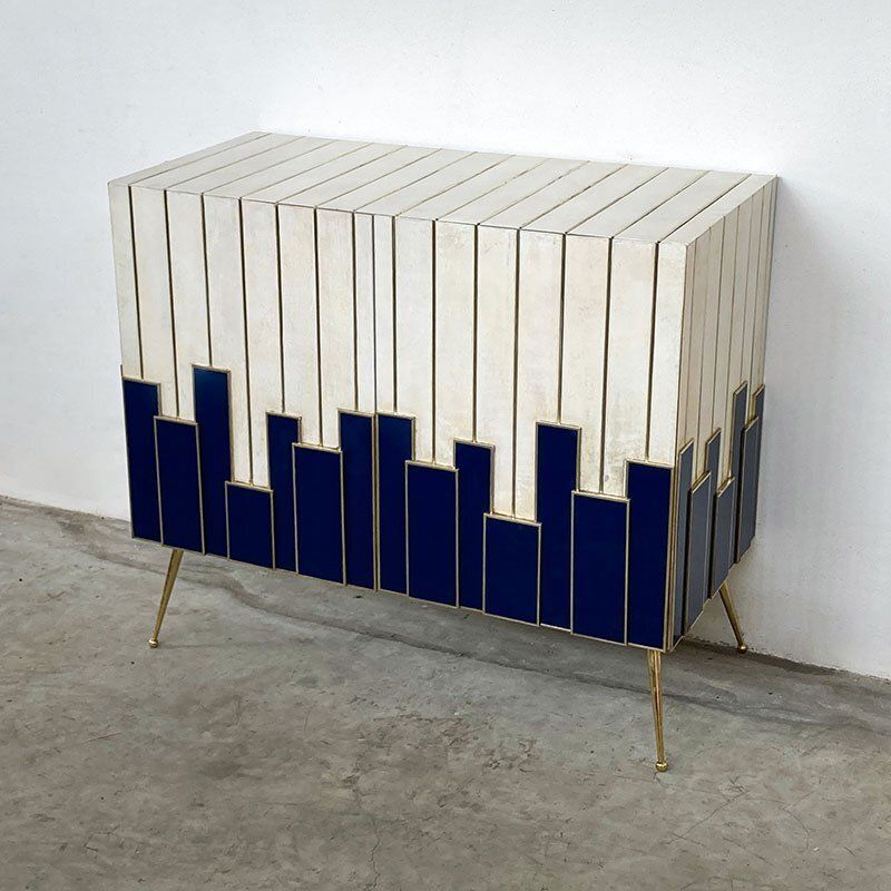 Cabinet With Two Doors In Blue Glass And Natural Parchment, 1980s photo for sale