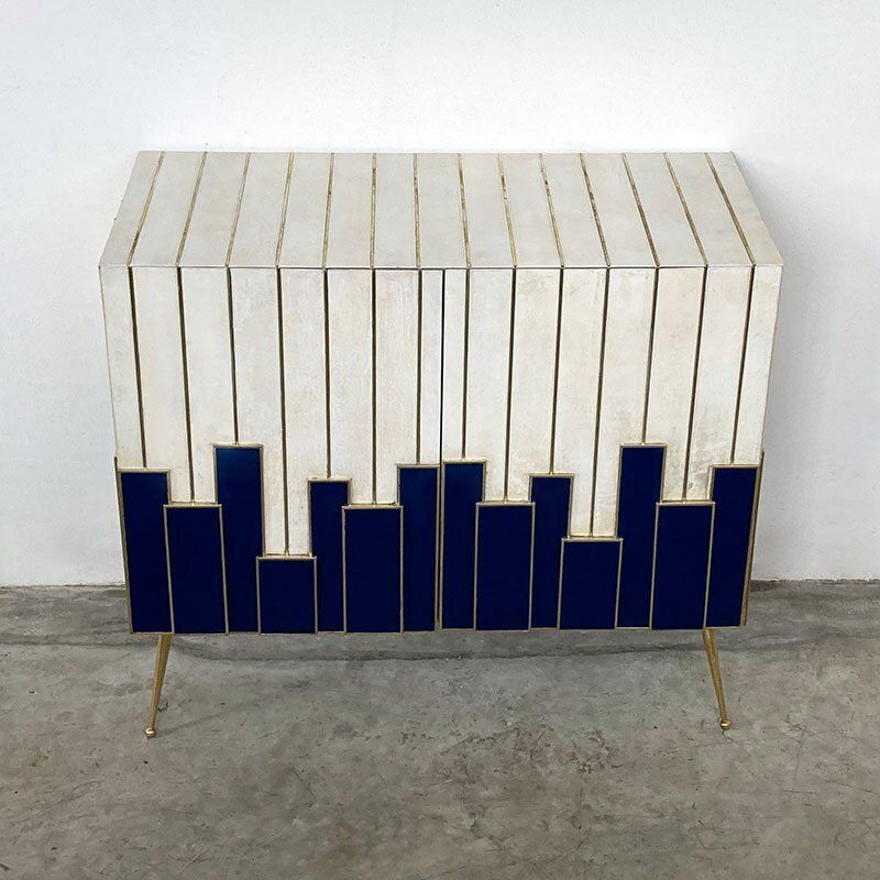 Cabinet With Two Doors In Blue Glass And Natural Parchment, 1980s photo Furniture