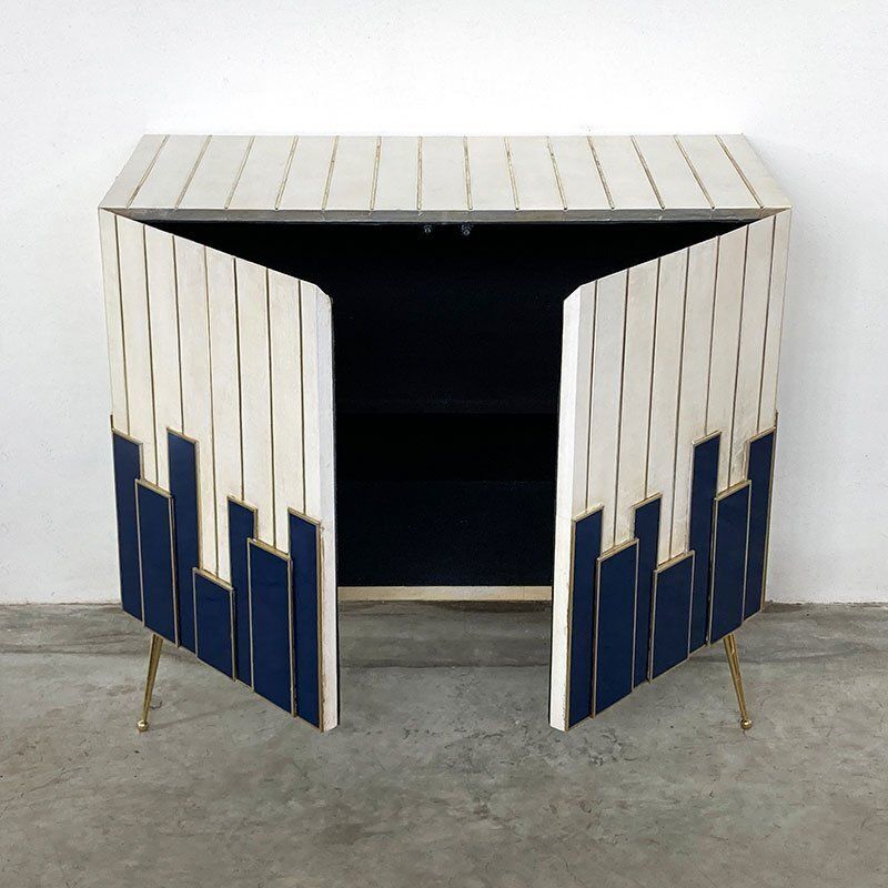 Cabinet With Two Doors In Blue Glass And Natural Parchment, 1980s photo vinterior