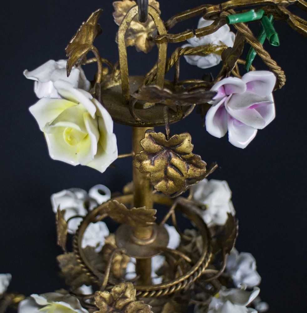 Italian Cage Form Chandelier With Porcelain Flowers photo vinterior