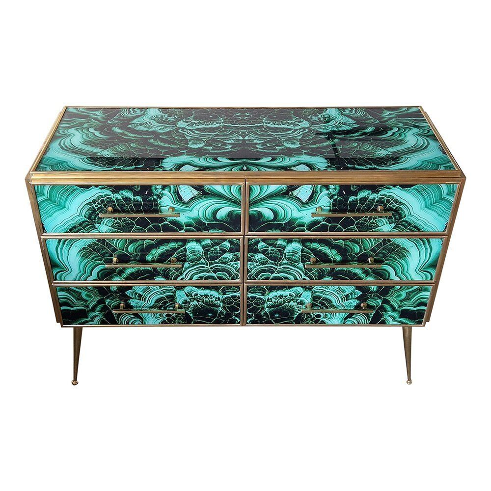 Wooden Dresser In Malachite Glass With Six Drawers, 1980s photo for sale