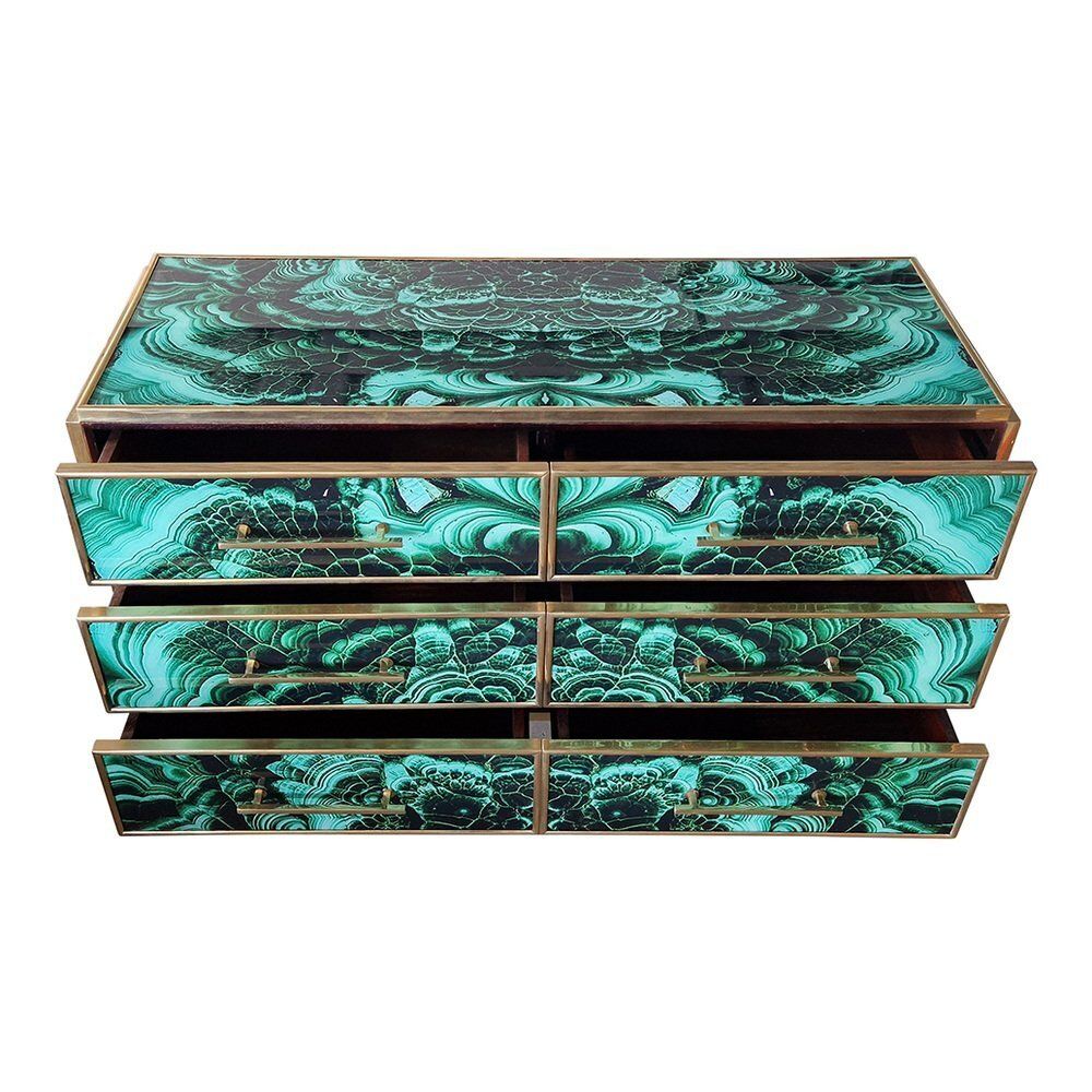 photo furniture Wooden Dresser In Malachite Glass With Six Drawers, 1980s