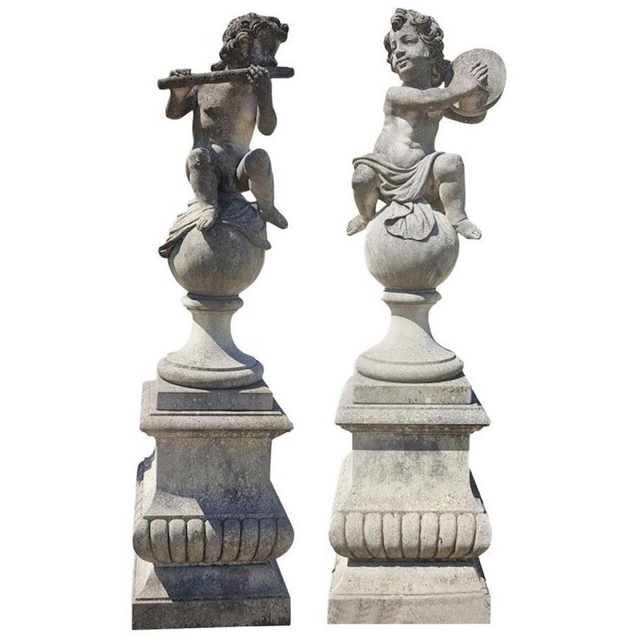 Italian Putto Stone Garden Statues Representing Musicians, Set Of 2