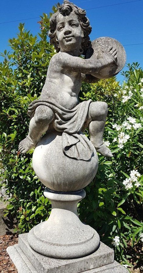 Italian Putto Stone Garden Statues Representing Musicians, Set Of 2 photo Garden Decor