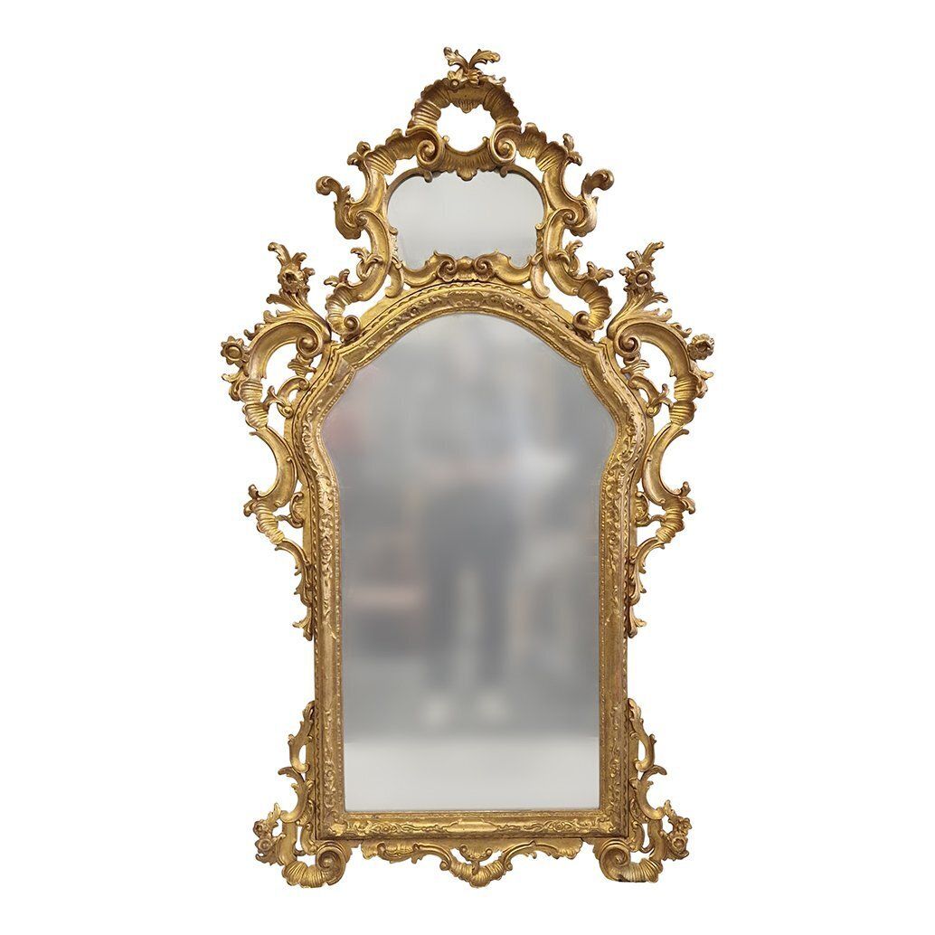 Large Venetian Louis XV Style Mirror In Carved And Gilded Wood, 1980s