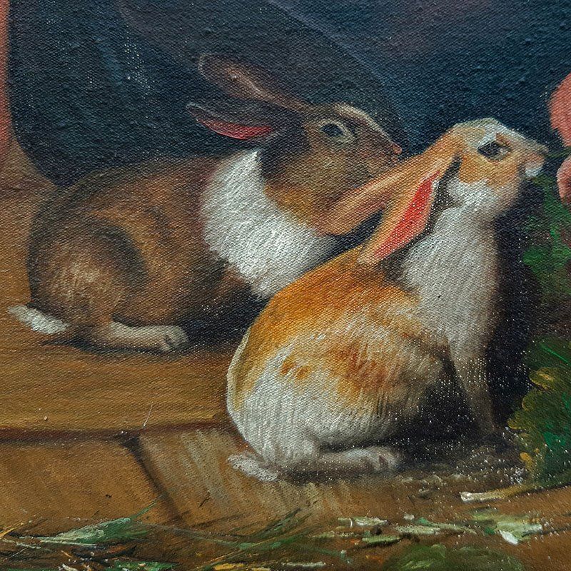 Van Barren, Children And Rabbits, 1871, Oil On Panel, Framed photo vintage