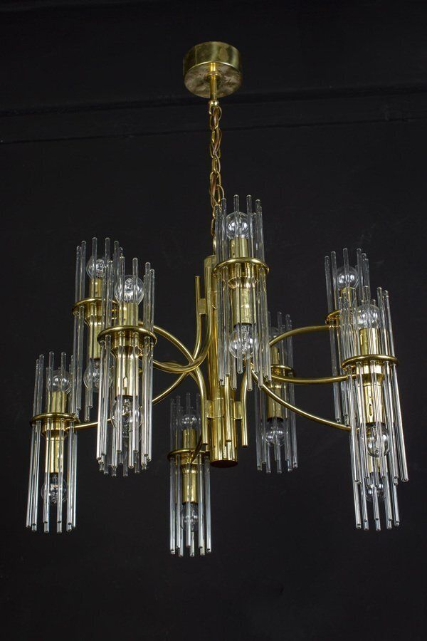 Crystal Rod And Brass Chandelier Or Lantern By Gaetano Sciolari, 1960s photo buy
