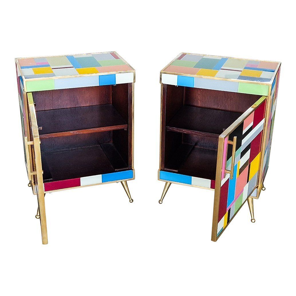 photo furniture Bedside Tables In Wood And Murano Glass, 1980s, Set Of 2