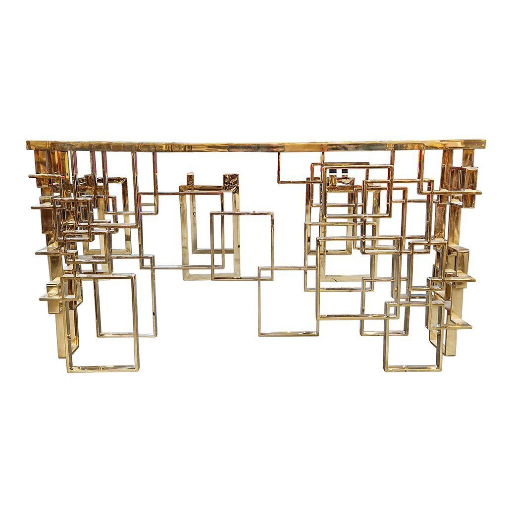 Double Sided Console In Chrome Gold Steel And Multicolored Murano Glass Top, 1980s photo furniture