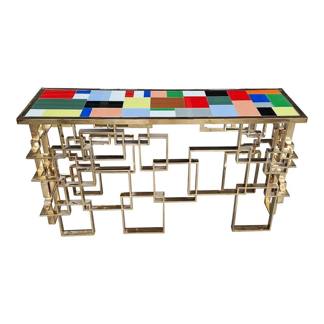 Double Sided Console In Chrome Gold Steel And Multicolored Murano Glass Top, 1980s photo Furniture