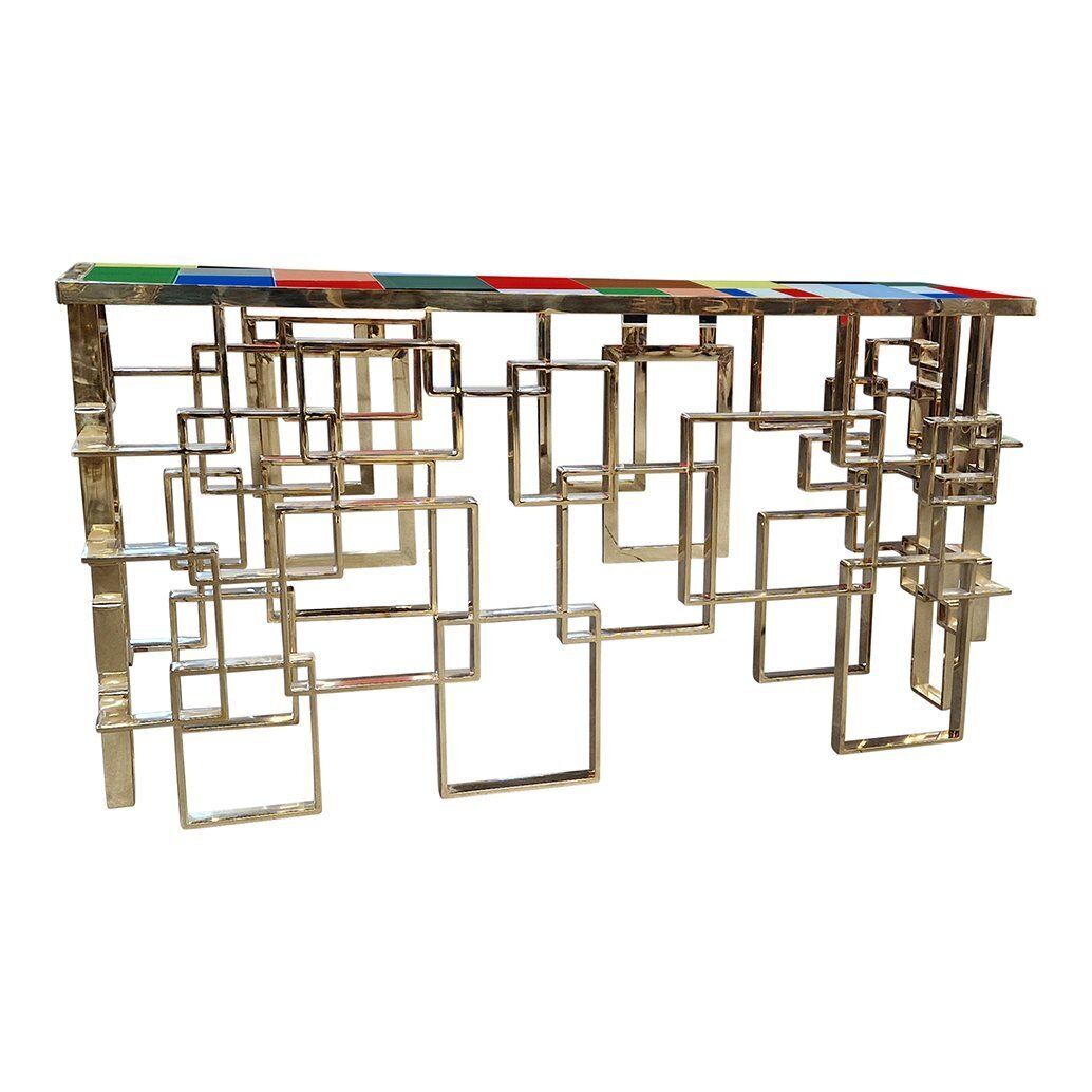 Double Sided Console In Chrome Gold Steel And Multicolored Murano Glass Top, 1980s photo vinterior