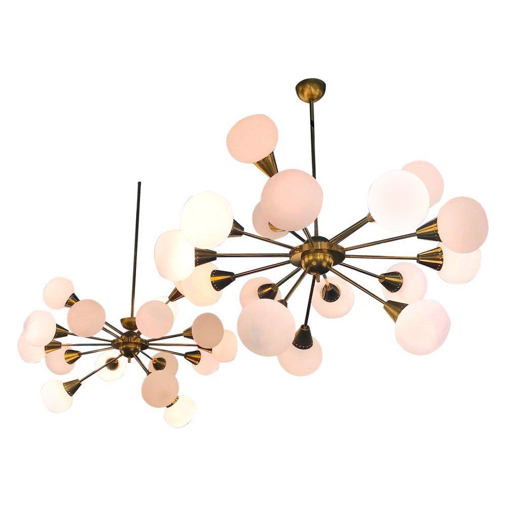 Large Mid Century Brass & Opaline Murano Glass Sputnik Chandelier, 1960s photo for sale