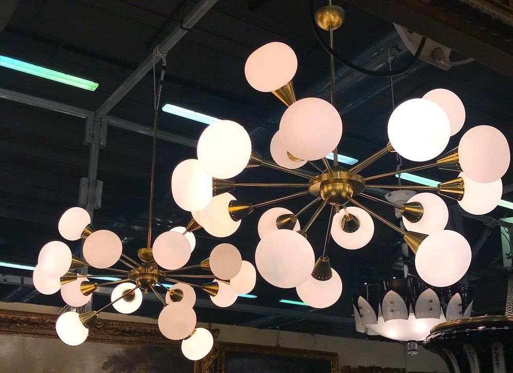 Large Mid Century Brass & Opaline Murano Glass Sputnik Chandelier, 1960s photo vintage