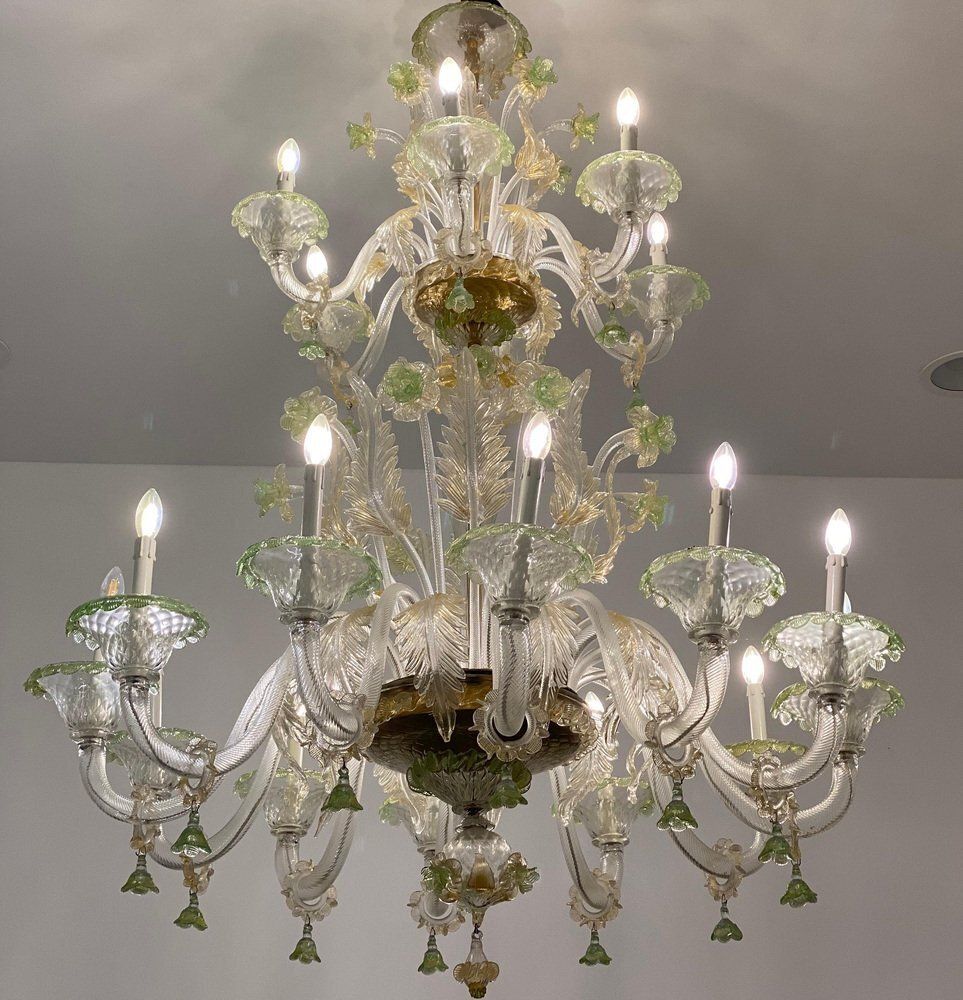 Lighting Green And Gold Murano Glass Chandelier, 1990s photo
