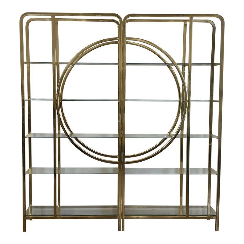 Art Deco Line Bookcase In Chrome Gold Metal And Smoked Glass, 1980s