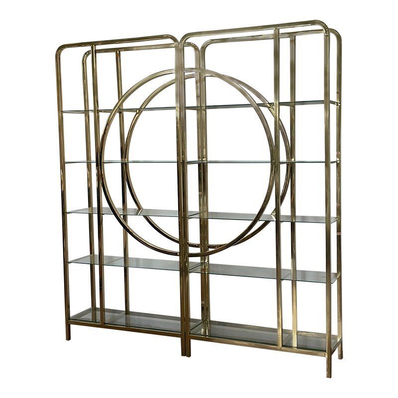 Art Deco Line Bookcase In Chrome Gold Metal And Smoked Glass, 1980s photo for sale