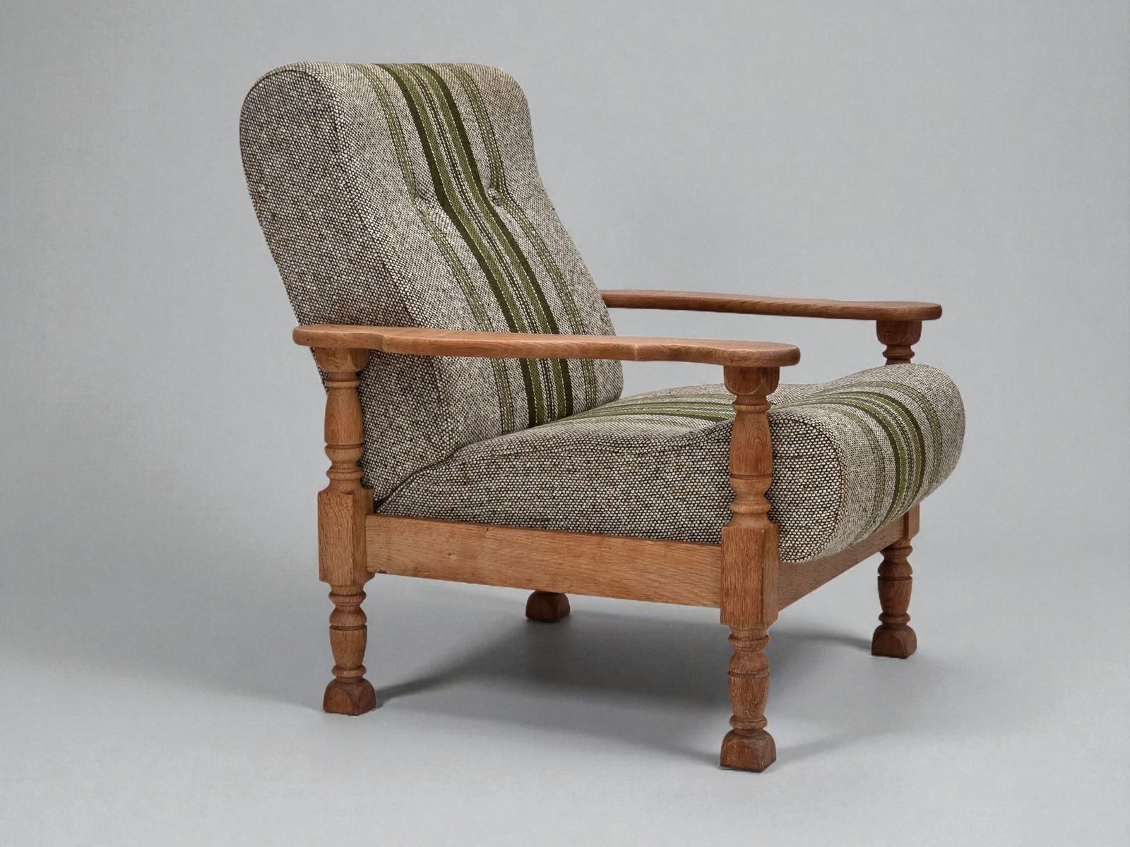 1970s, Danish Armchair, Original Furniture Wool Fabric, Solid Oak Wood.