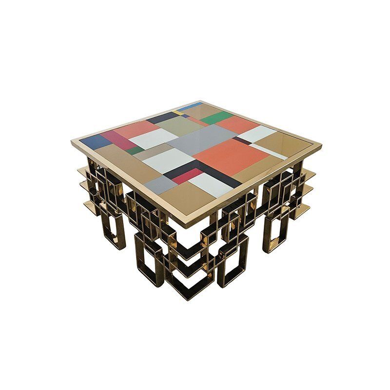Low Coffee Table In Chrome Gold Steel And Multicolored Murano Glass Top, 1980s