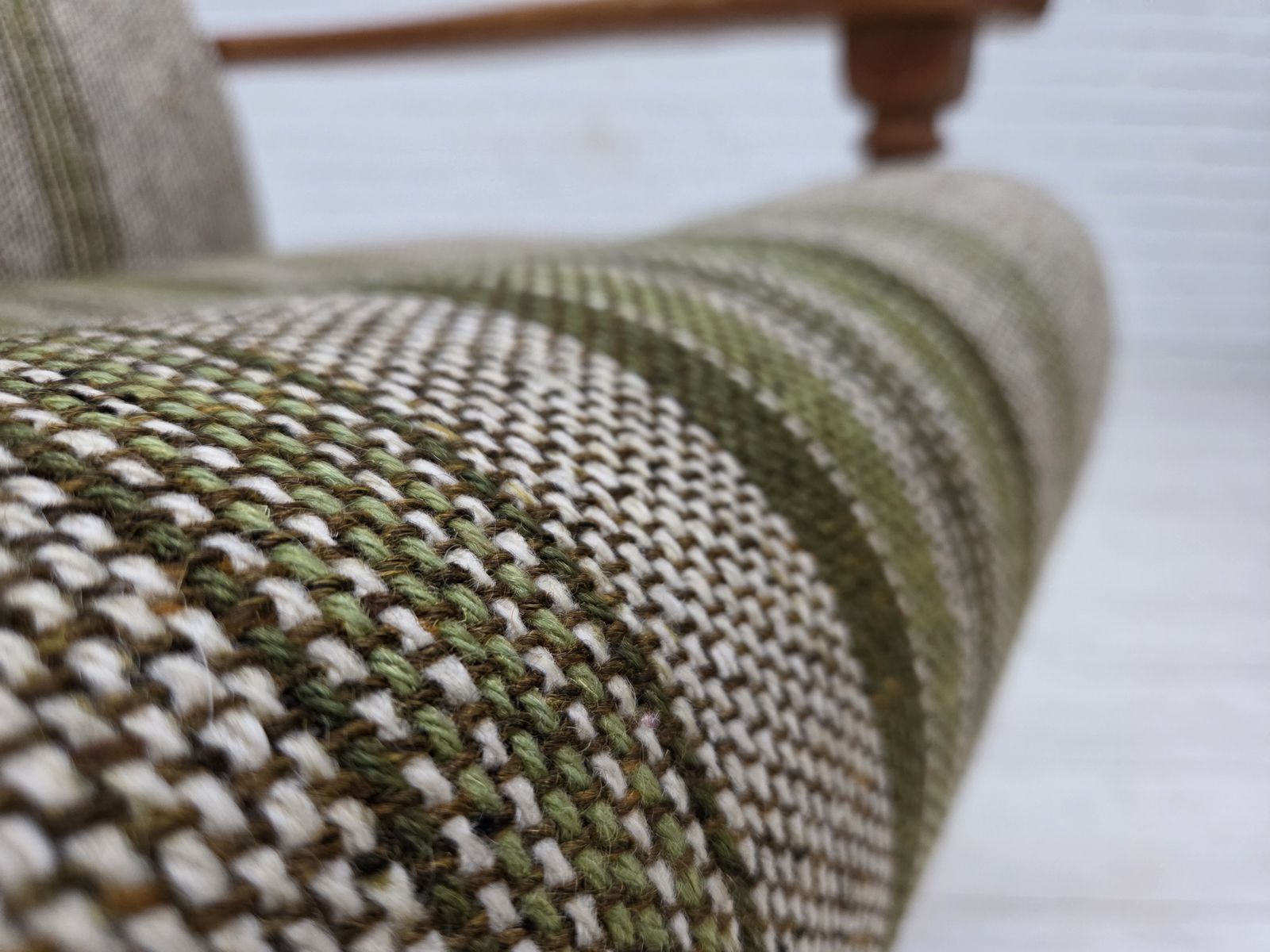 1970s, Danish Armchair, Original Furniture Wool Fabric, Solid Oak Wood. photo for sale