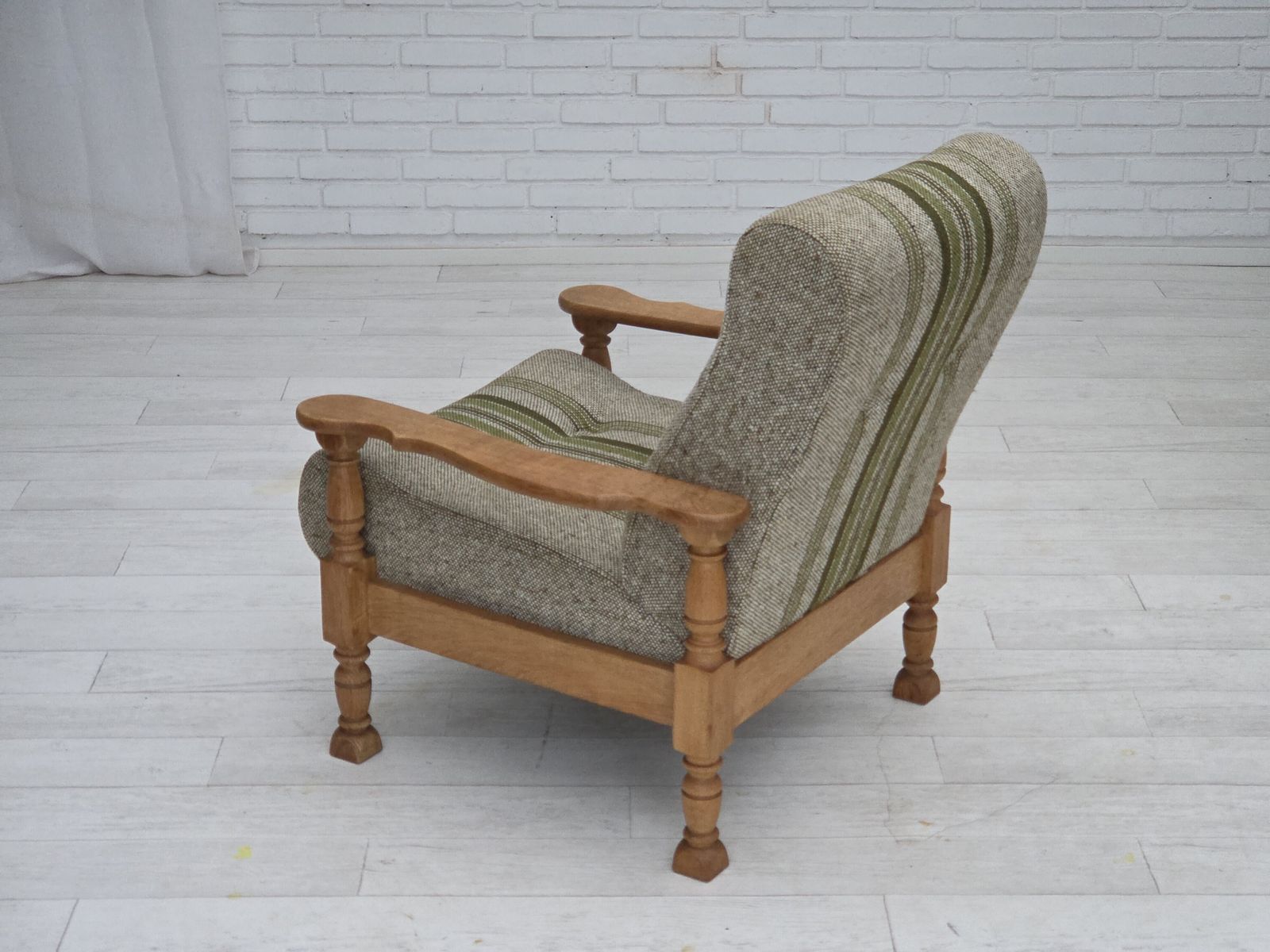 1970s, Danish Armchair, Original Furniture Wool Fabric, Solid Oak Wood. photo Furniture