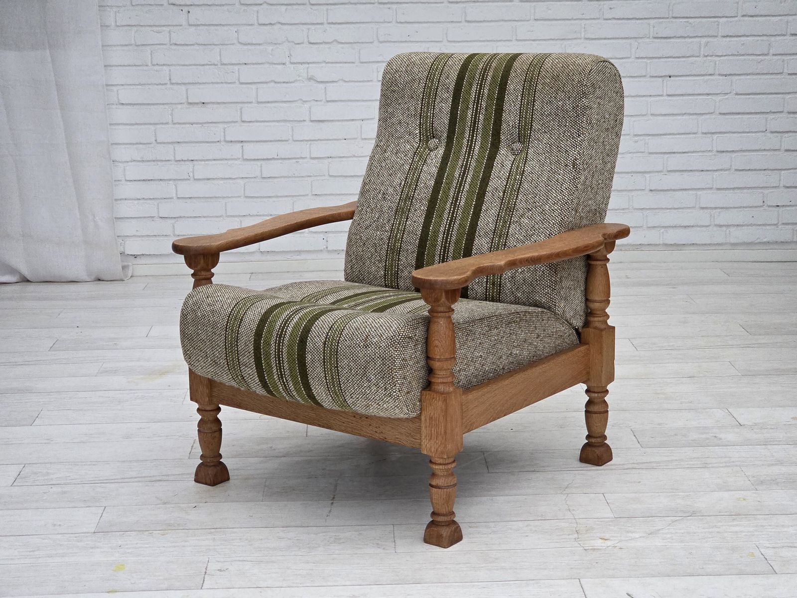 1970s, Danish Armchair, Original Furniture Wool Fabric, Solid Oak Wood. photo 910.0