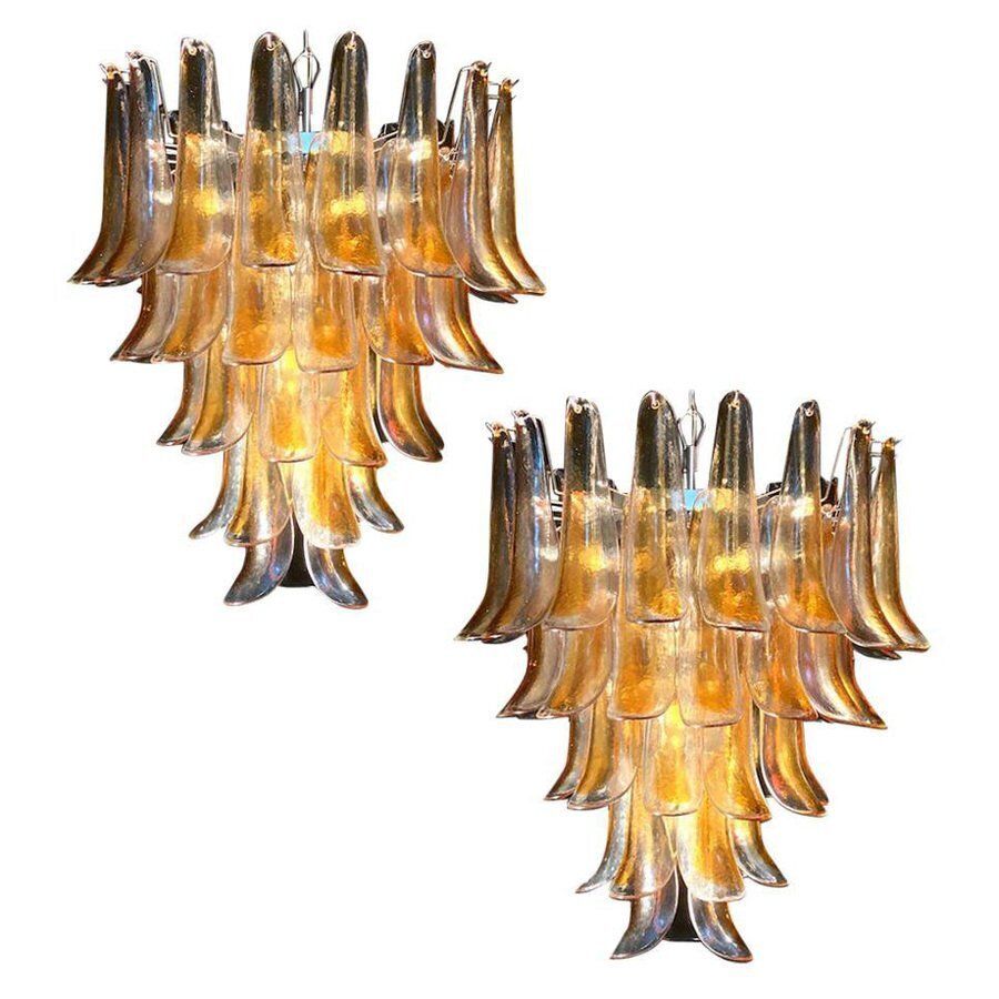 Large Vintage Italian Murano Chandelier With Amber Glass Petals, 1970s