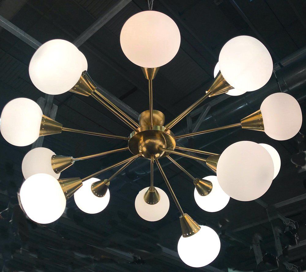 Large Sputnik Chandelier In Brass And Opaline Murano Glass, Italy, 1970s photo vinterior