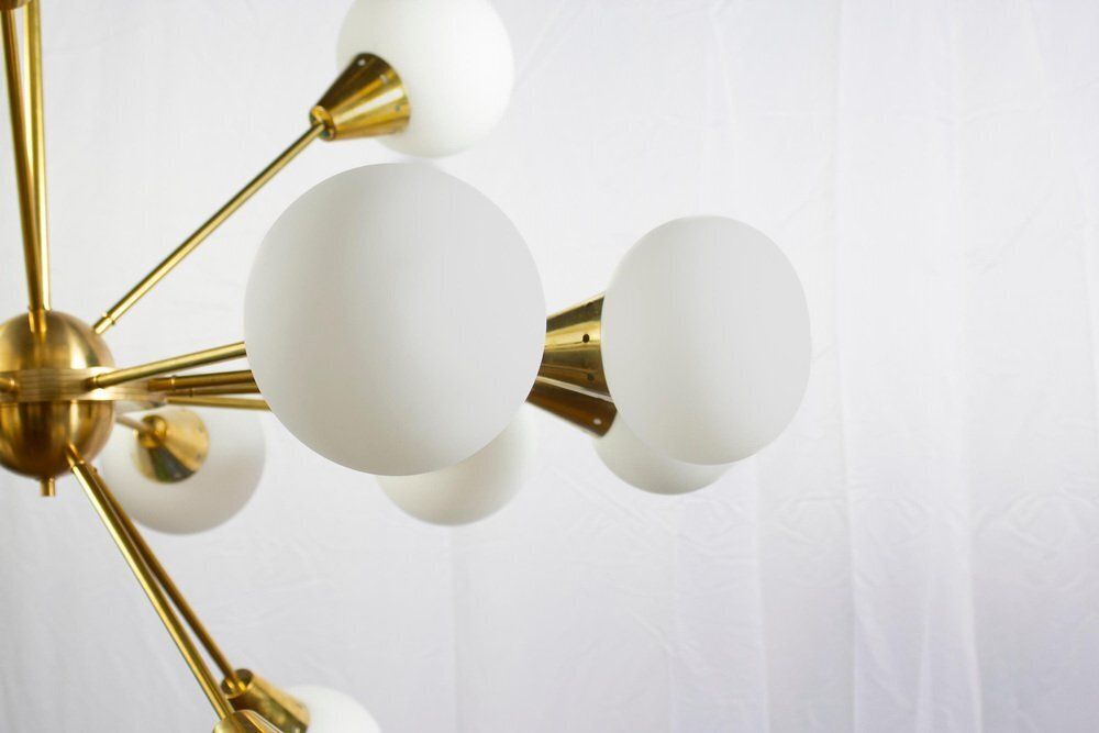 Large Sputnik Chandelier In Brass And Opaline Murano Glass, Italy, 1970s photo buy