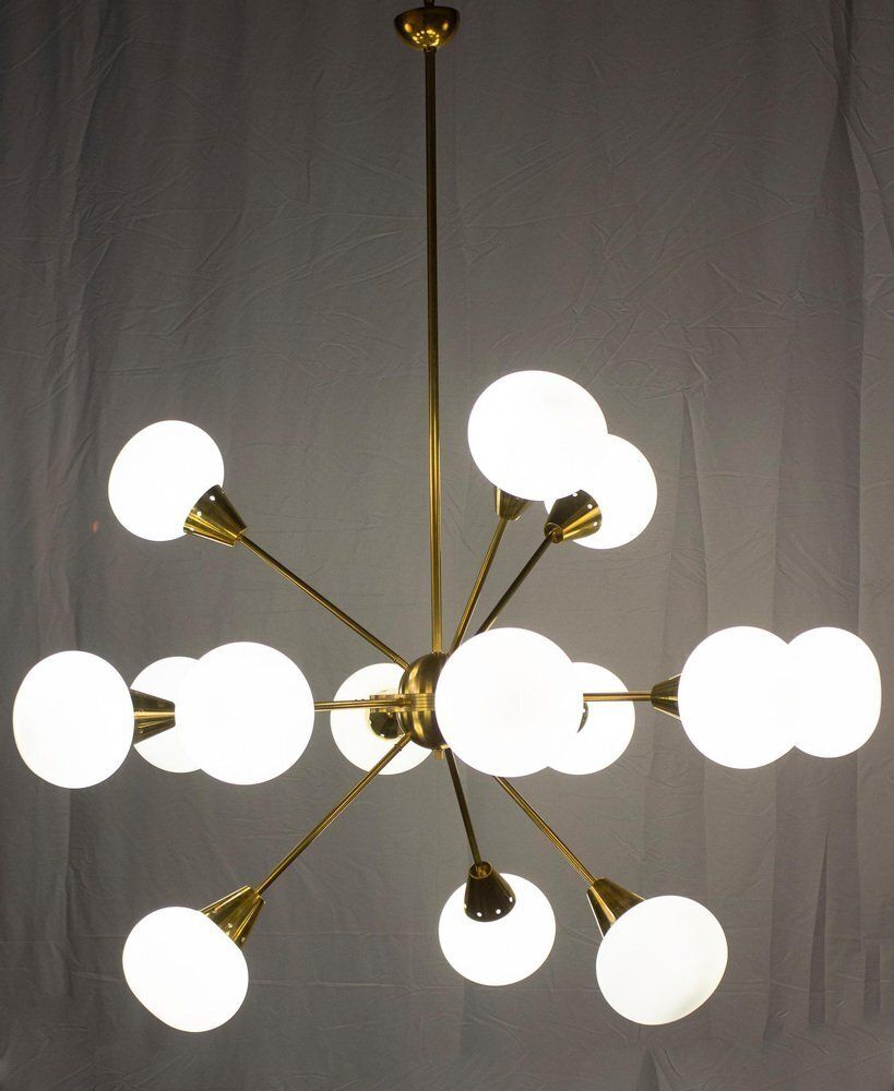 photo for sale Large Sputnik Chandelier In Brass And Opaline Murano Glass, Italy, 1970s