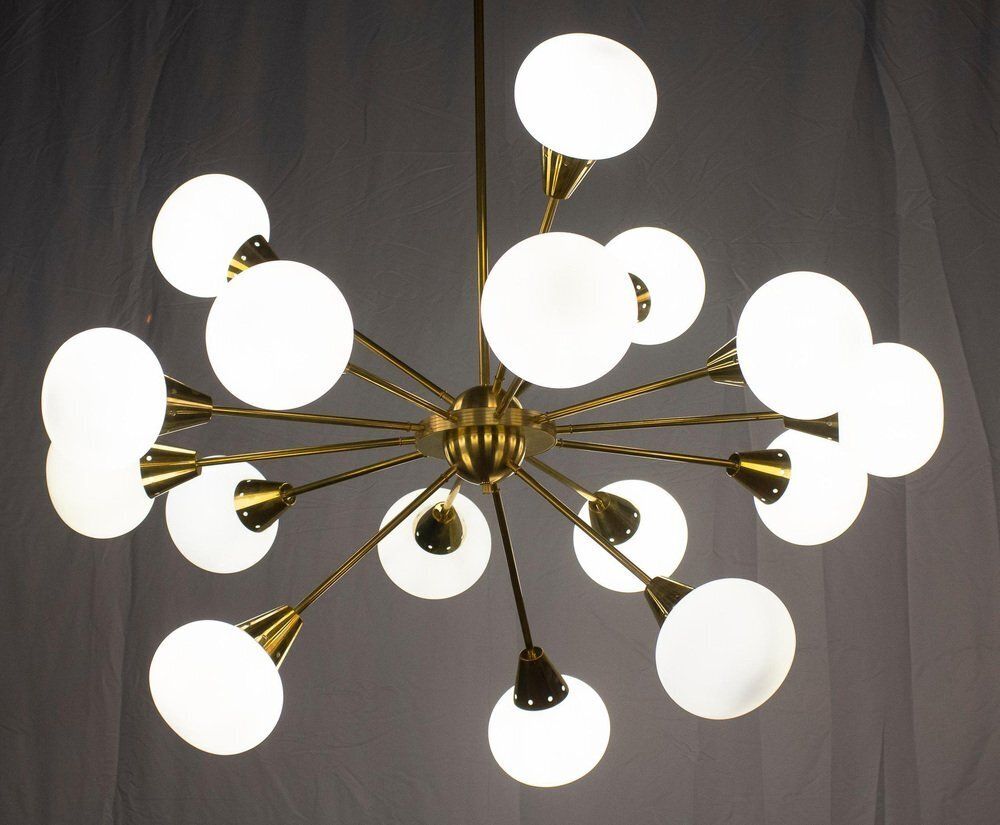 Lighting Large Sputnik Chandelier In Brass And Opaline Murano Glass, Italy, 1970s photo