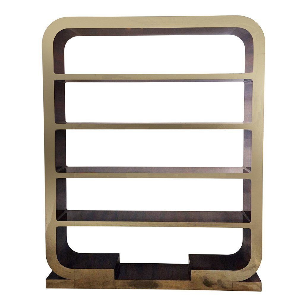Art Deco Style Double Sided Bookcase In Wood And Gilded Steel, 1980s