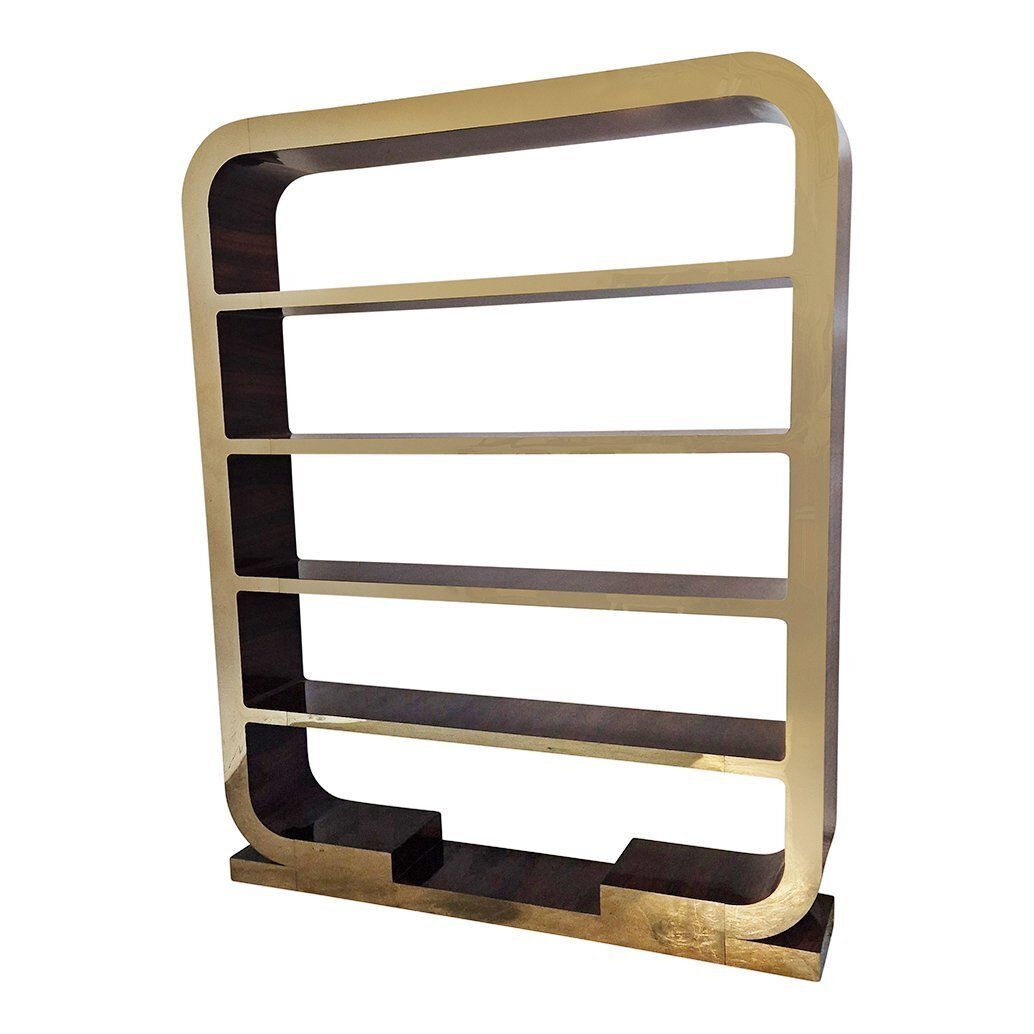 Art Deco Style Double Sided Bookcase In Wood And Gilded Steel, 1980s photo vinterior