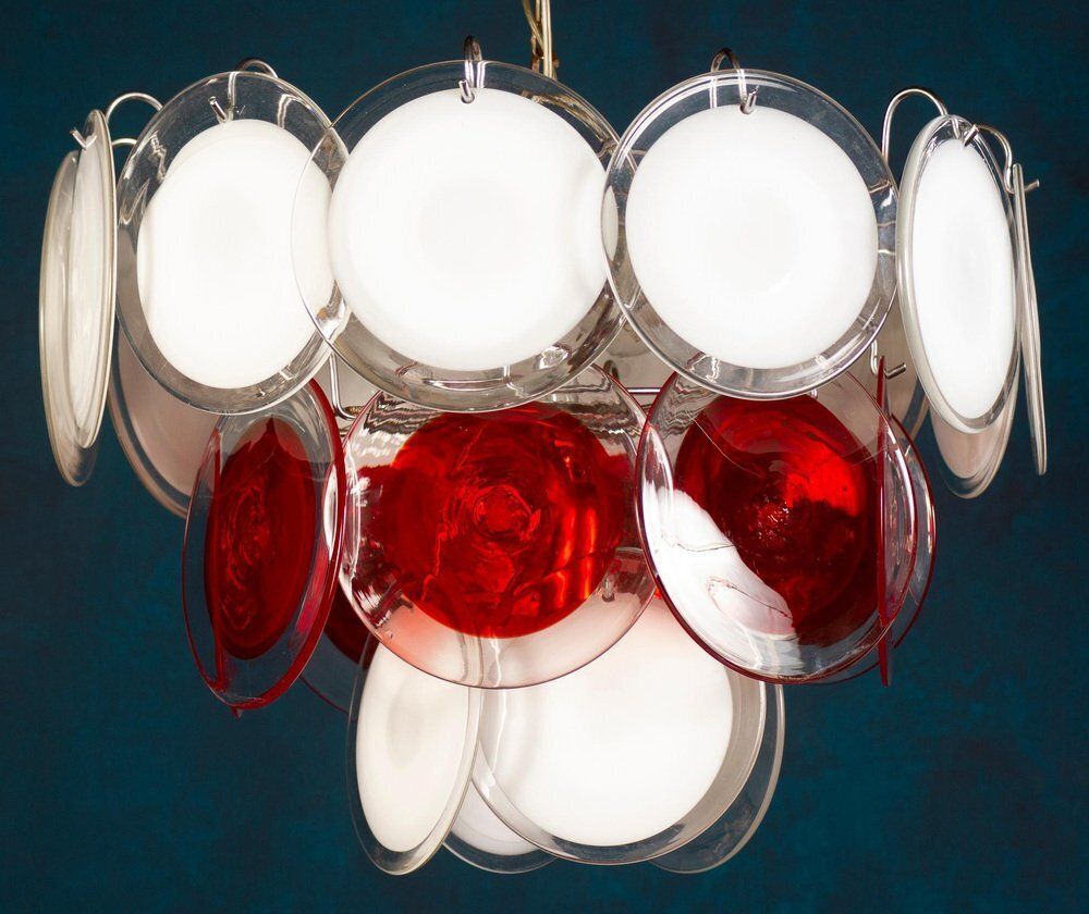 White And Red Murano Glass Disc Chandelier By Vistosi, 1970s photo furniture