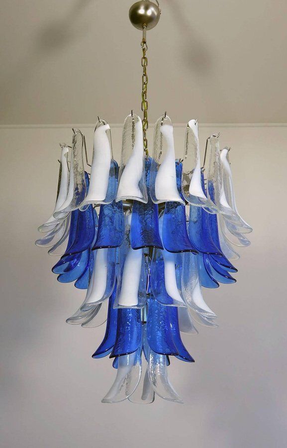 photo for sale Italian Blue And White Murano Glass Chandeliers, 1980s, Set Of 2