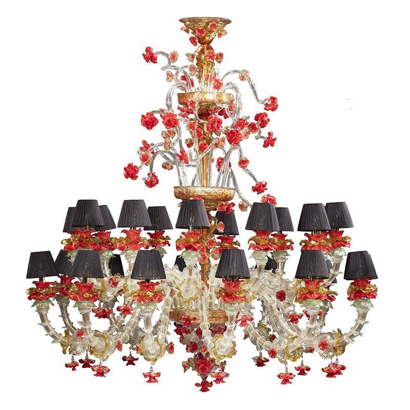Rezzonico Chandelier In White Gold Red Murano Glass, 1950s