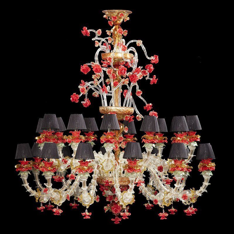 Rezzonico Chandelier In White Gold Red Murano Glass, 1950s photo furniture