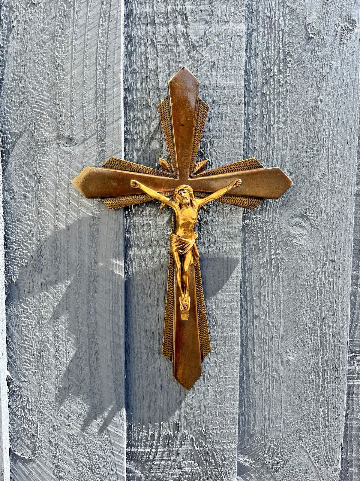 Antique Art Deco French Brass Bronzed Wall Hanging Crucifix Church Cross Jesus photo furniture