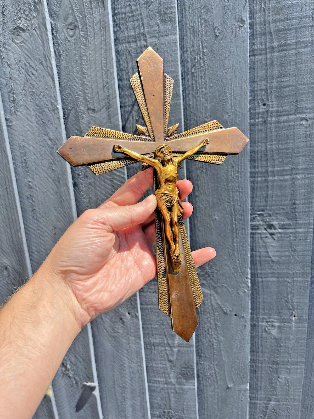 Antique Art Deco French Brass Bronzed Wall Hanging Crucifix Church Cross Jesus photo for sale