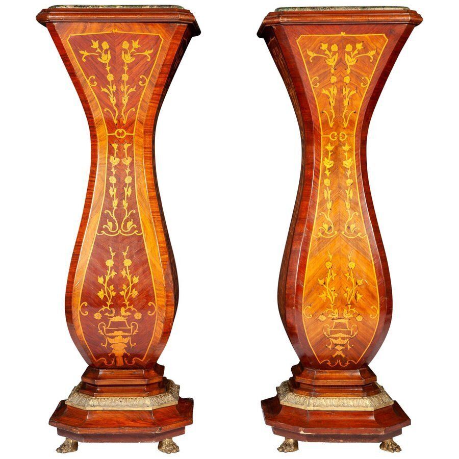 Large 19th Century French Marquetry Inlaid Pedestals, Set Of 2
