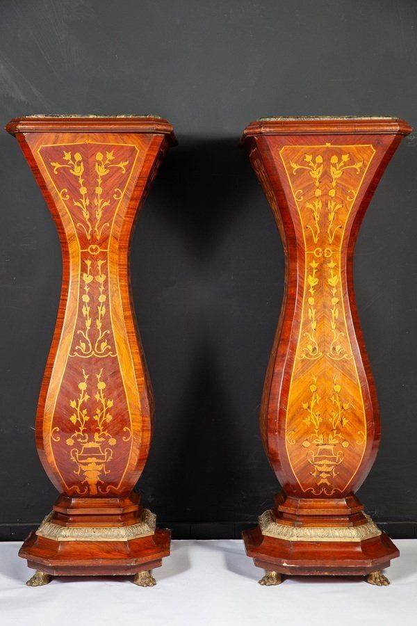 Large 19th Century French Marquetry Inlaid Pedestals, Set Of 2 photo furniture