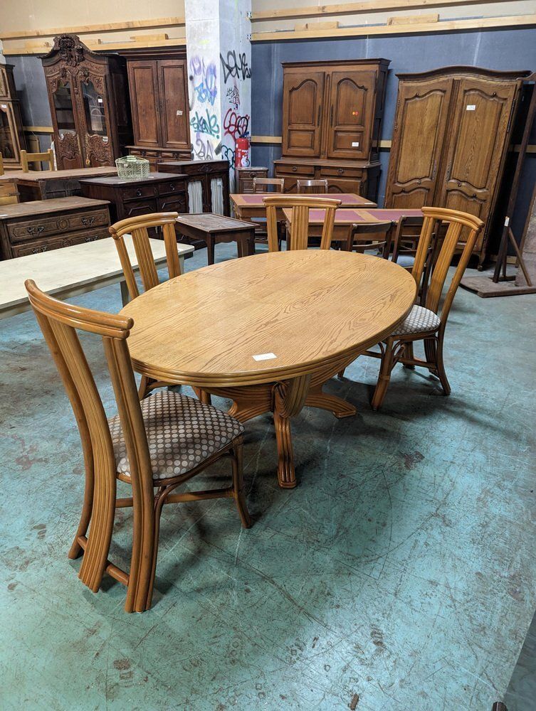 Dining Table & Chairs In Rattan And Oak Veneer, 1980s, Set Of 5 photo for sale