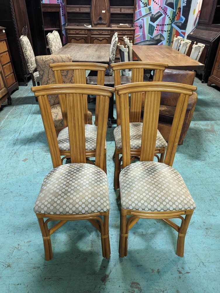 Dining Table & Chairs In Rattan And Oak Veneer, 1980s, Set Of 5 photo buy