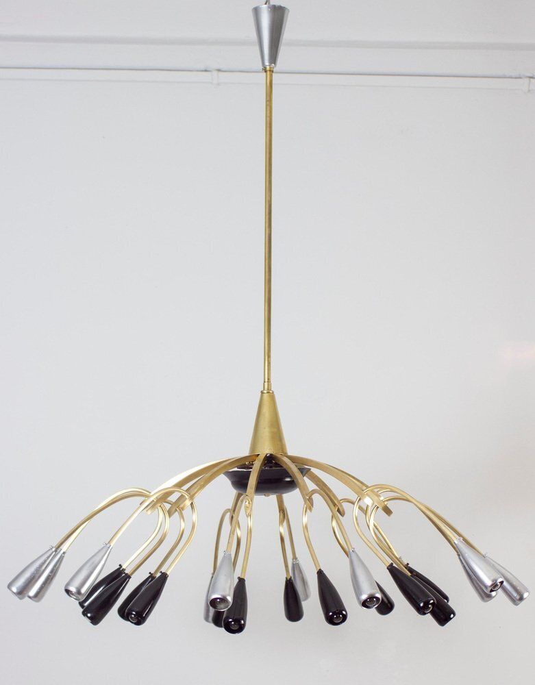 Mid Century Brass And Murano Glass Chandelier In The Style Of Stilnovo, 1950s photo furniture