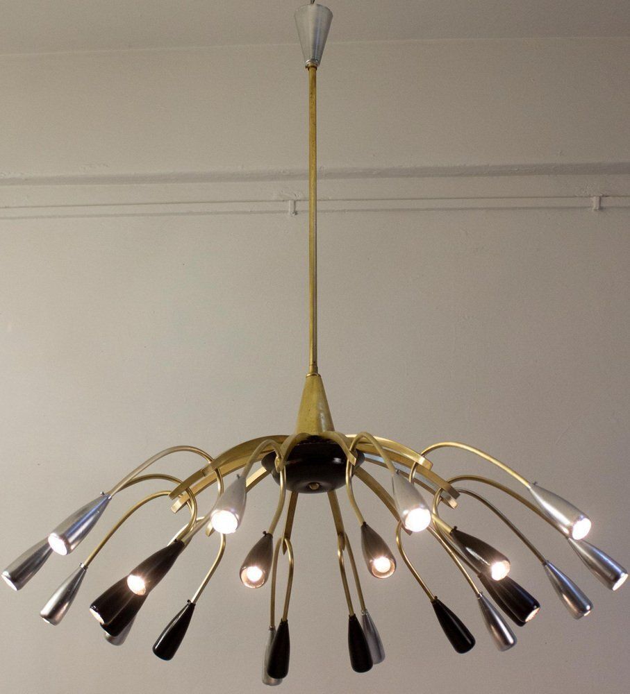 photo furniture Mid Century Brass And Murano Glass Chandelier In The Style Of Stilnovo, 1950s