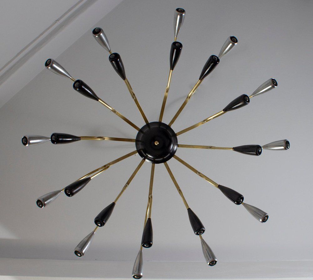 Lighting Mid Century Brass And Murano Glass Chandelier In The Style Of Stilnovo, 1950s photo